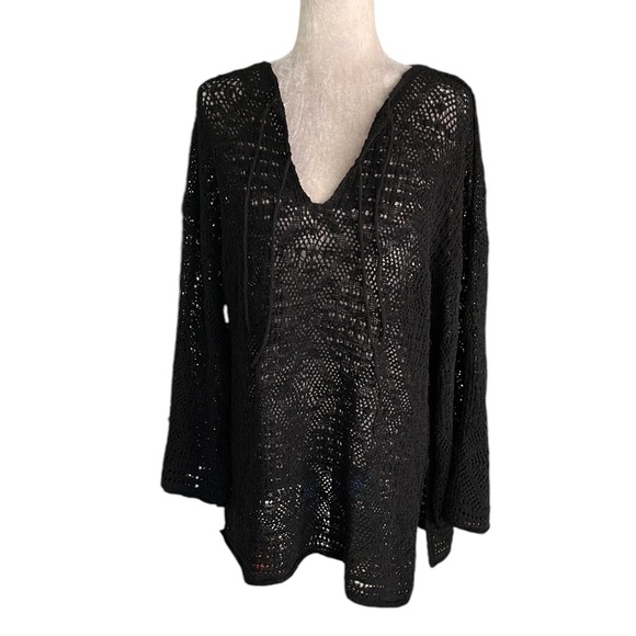 Zara Black Textured Pointelle Knit Double Tie Mini Dress / Tunic Sweater - M - Picture 8 of 16